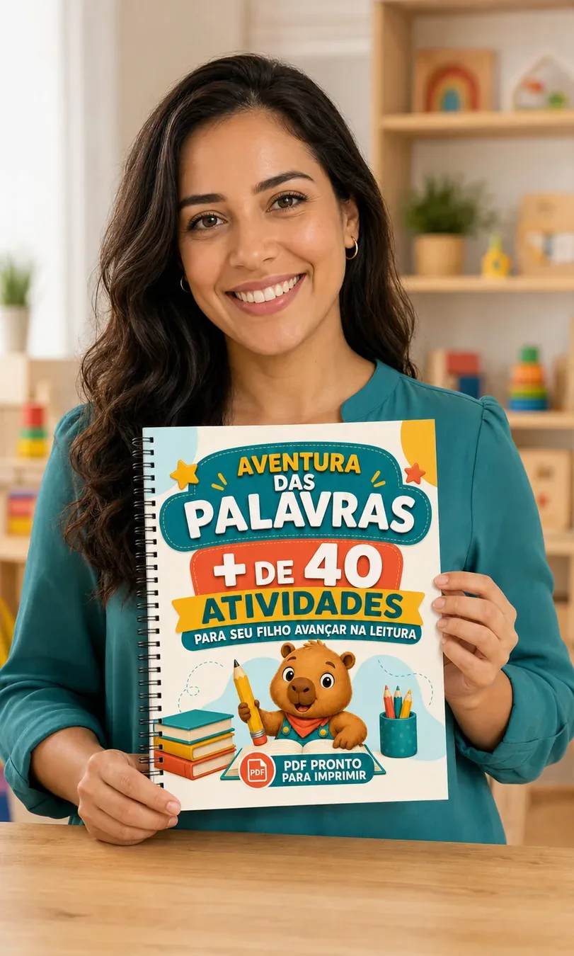 Mariana Alves segurando o livro Aventura das Palavras