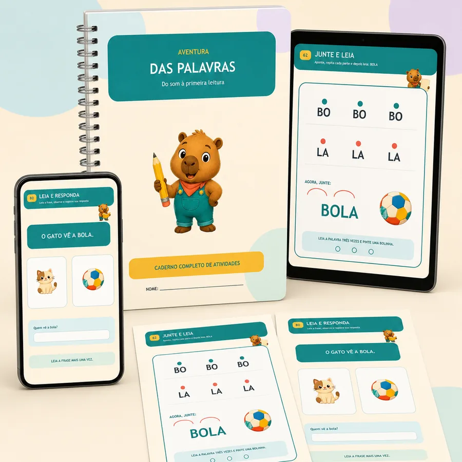 Mockup do material Aventura das Palavras em livro, tablet e celular